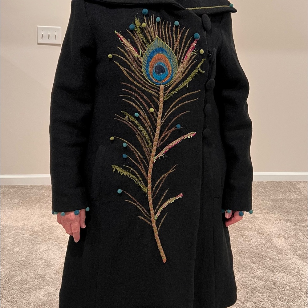 CoVelo Black Coat with Peacock Feather Embroidery